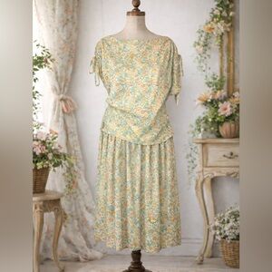 Vintage 1980s Home Sewn Floral, Cotton, Two Piece Blouse & Skirt Set